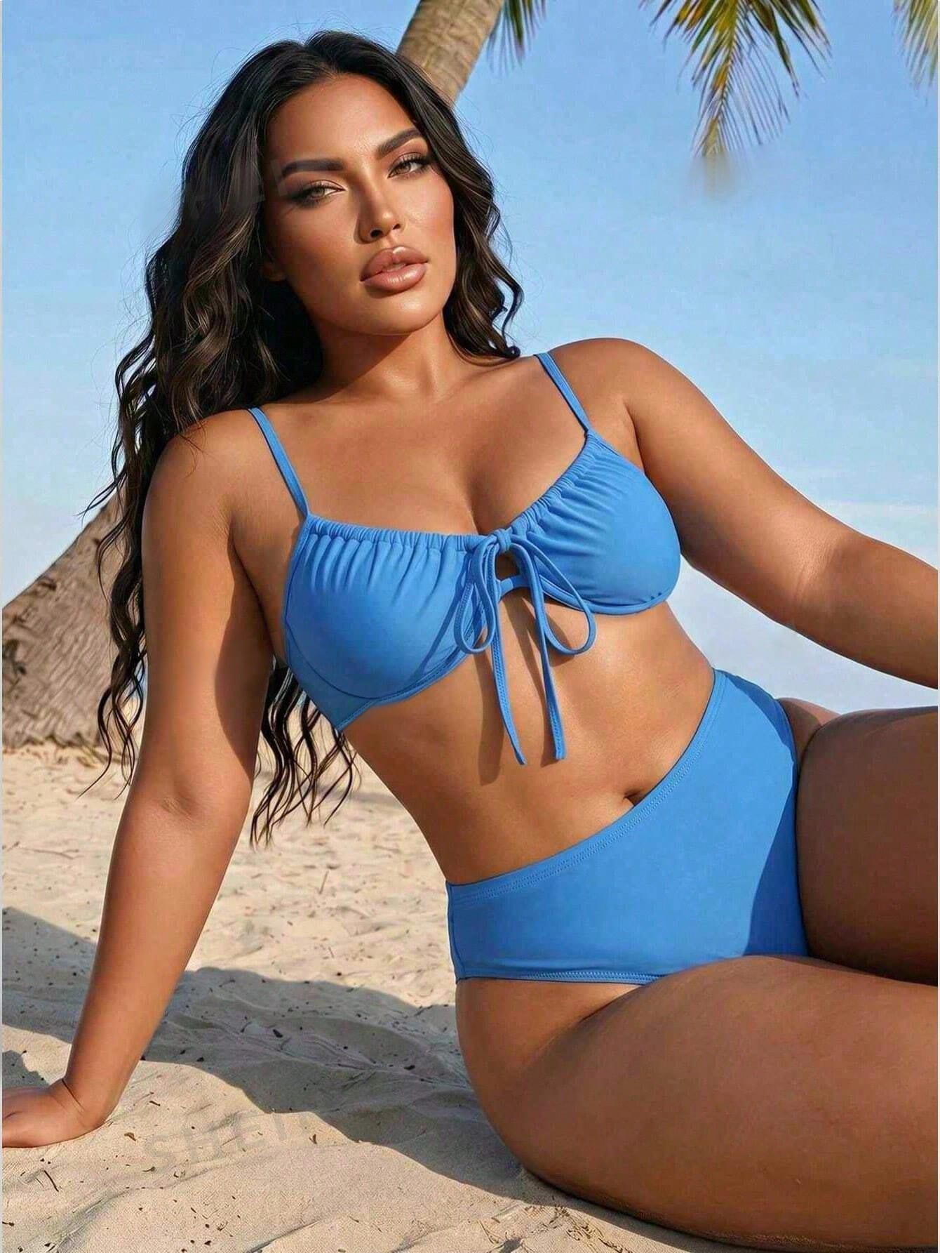 Swim SXY Plus Size Women Summer Beach Solid Color Ruched Spaghetti Strap Bikini And Triangle Panty Swimwear Set