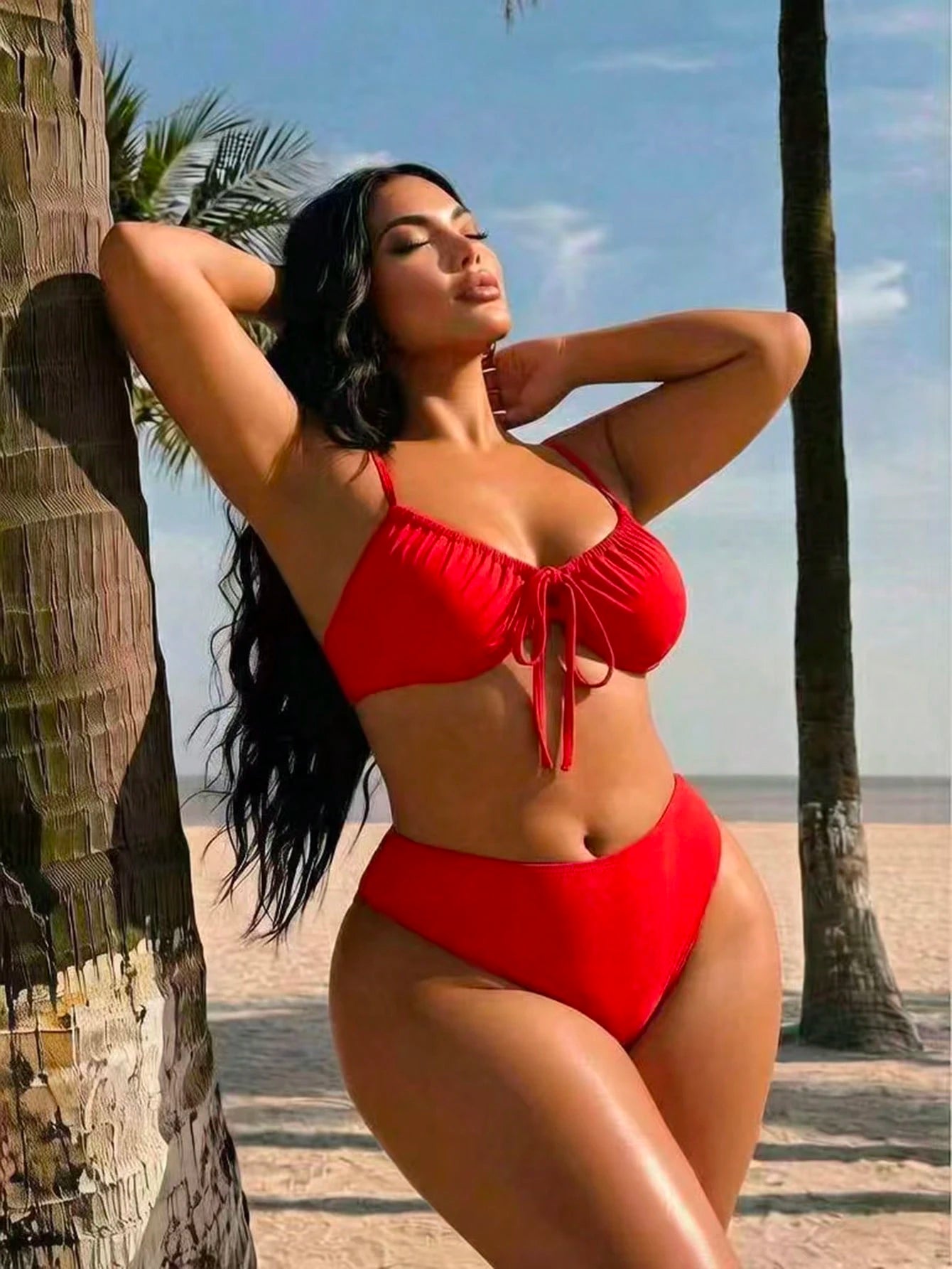 Swim SXY Plus Size Women Summer Beach Solid Color Ruched Spaghetti Strap Bikini And Triangle Panty Swimwear Set