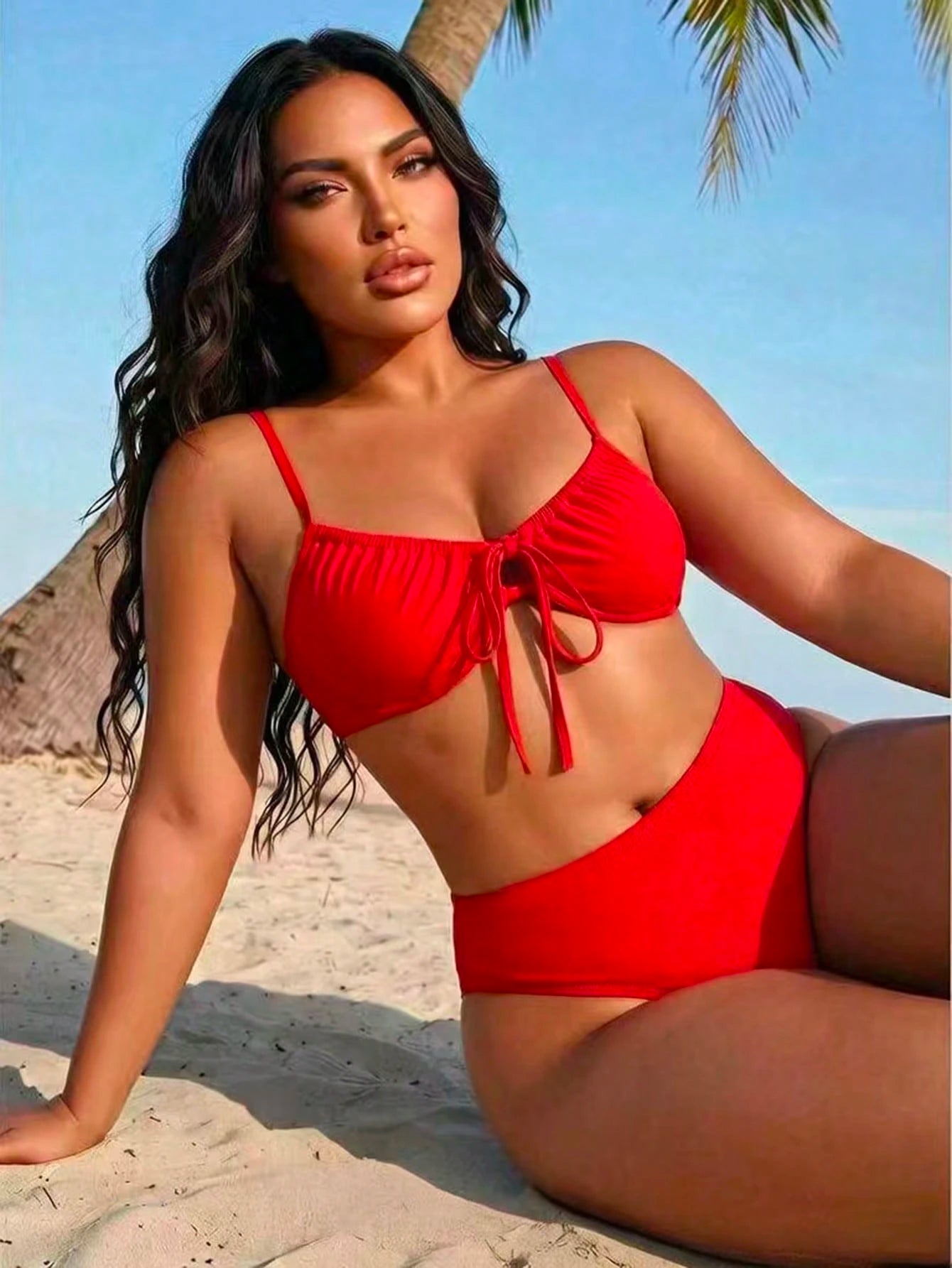 Swim SXY Plus Size Women Summer Beach Solid Color Ruched Spaghetti Strap Bikini And Triangle Panty Swimwear Set