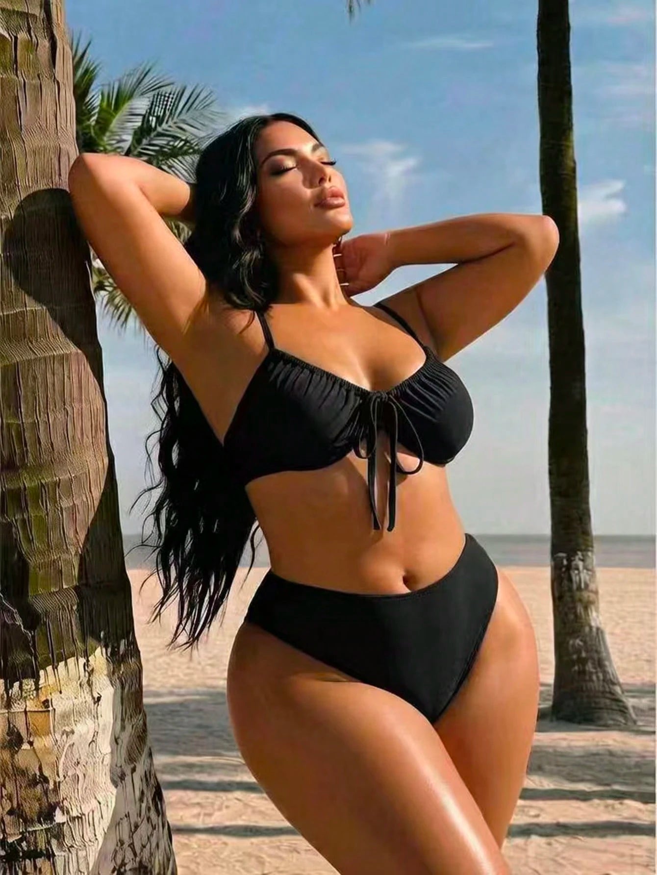 Swim SXY Plus Size Women Summer Beach Solid Color Ruched Spaghetti Strap Bikini And Triangle Panty Swimwear Set