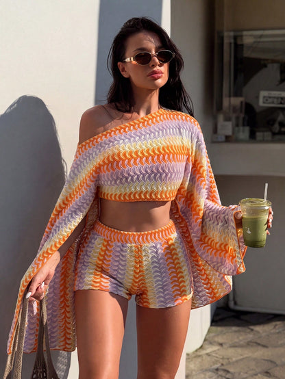 Swim SXY Spring/Summer New Colorful Knit Loose Off-Shoulder Sexy Long Sleeve Cardigan & Shorts Bikini Set Women's Swimwear