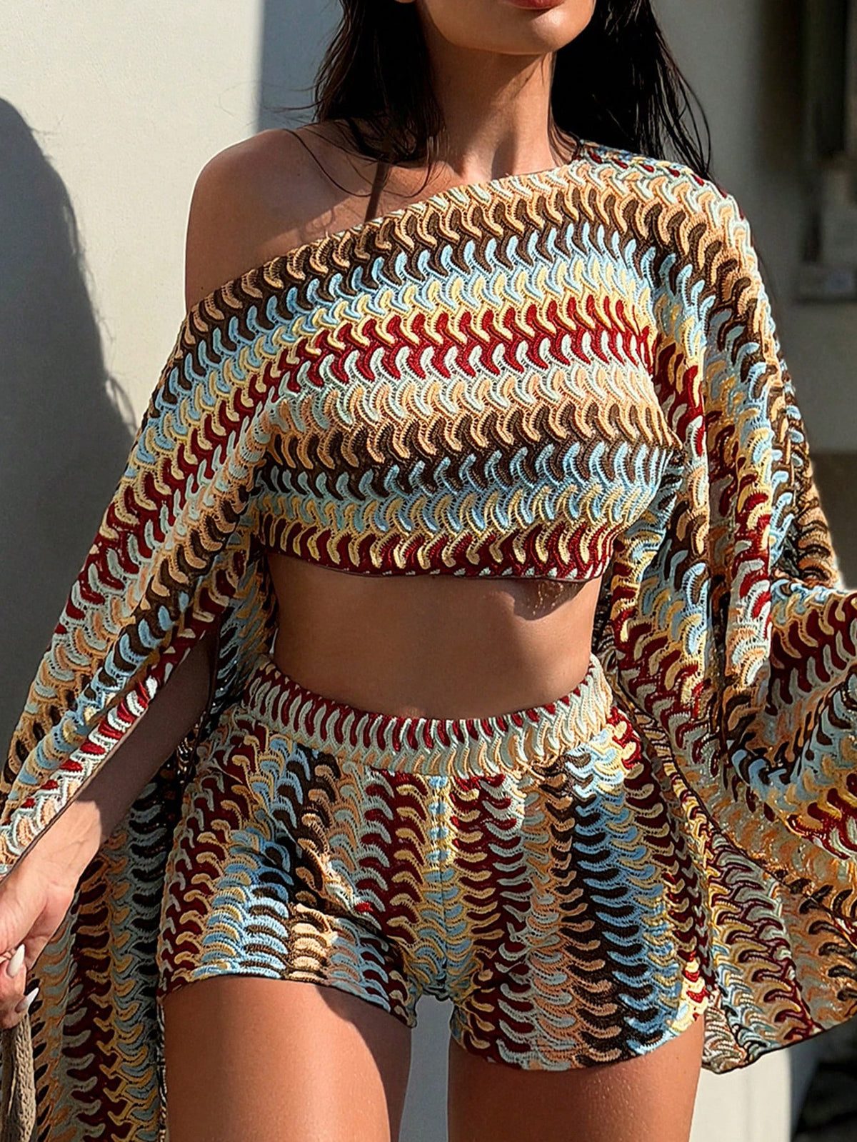 Swim SXY Spring/Summer New Colorful Knit Loose Off-Shoulder Sexy Long Sleeve Cardigan & Shorts Bikini Set Women's Swimwear