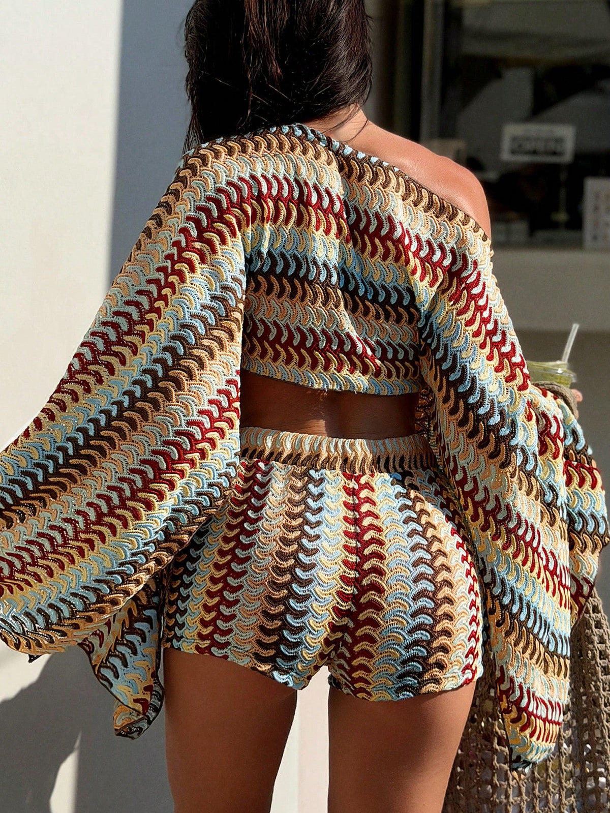 Swim SXY Spring/Summer New Colorful Knit Loose Off-Shoulder Sexy Long Sleeve Cardigan & Shorts Bikini Set Women's Swimwear