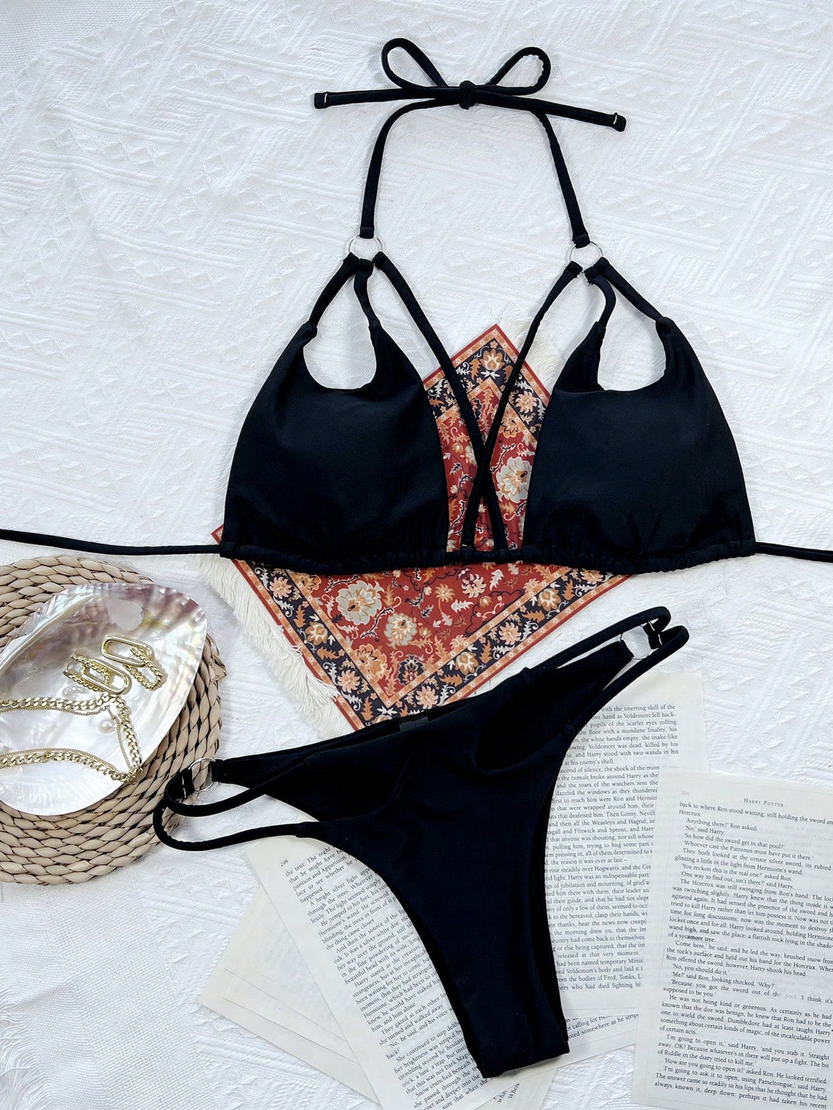 Swim SXY Summer Beach Mono Bikini Set Ring Linked Cut Out Micro Triangle Bra Top & Thong 2 Pieces Bikini