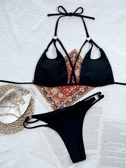 Swim SXY Summer Beach Mono Bikini Set Ring Linked Cut Out Micro Triangle Bra Top & Thong 2 Pieces Bikini