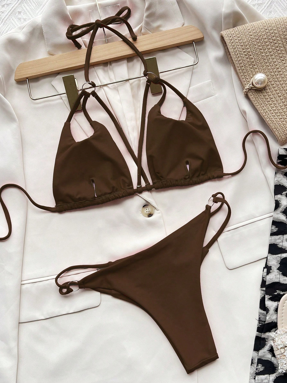 Swim SXY Summer Beach Mono Bikini Set Ring Linked Cut Out Micro Triangle Bra Top & Thong 2 Pieces Bikini