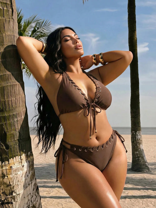 Swim SXY Swim 2026 Women Plus Size Solid Brown 2-Piece Halter Tie Bikini Set With Eyelet And Shiny Fabric,Summer Beach Vacation Holiday Casual Swimsuit