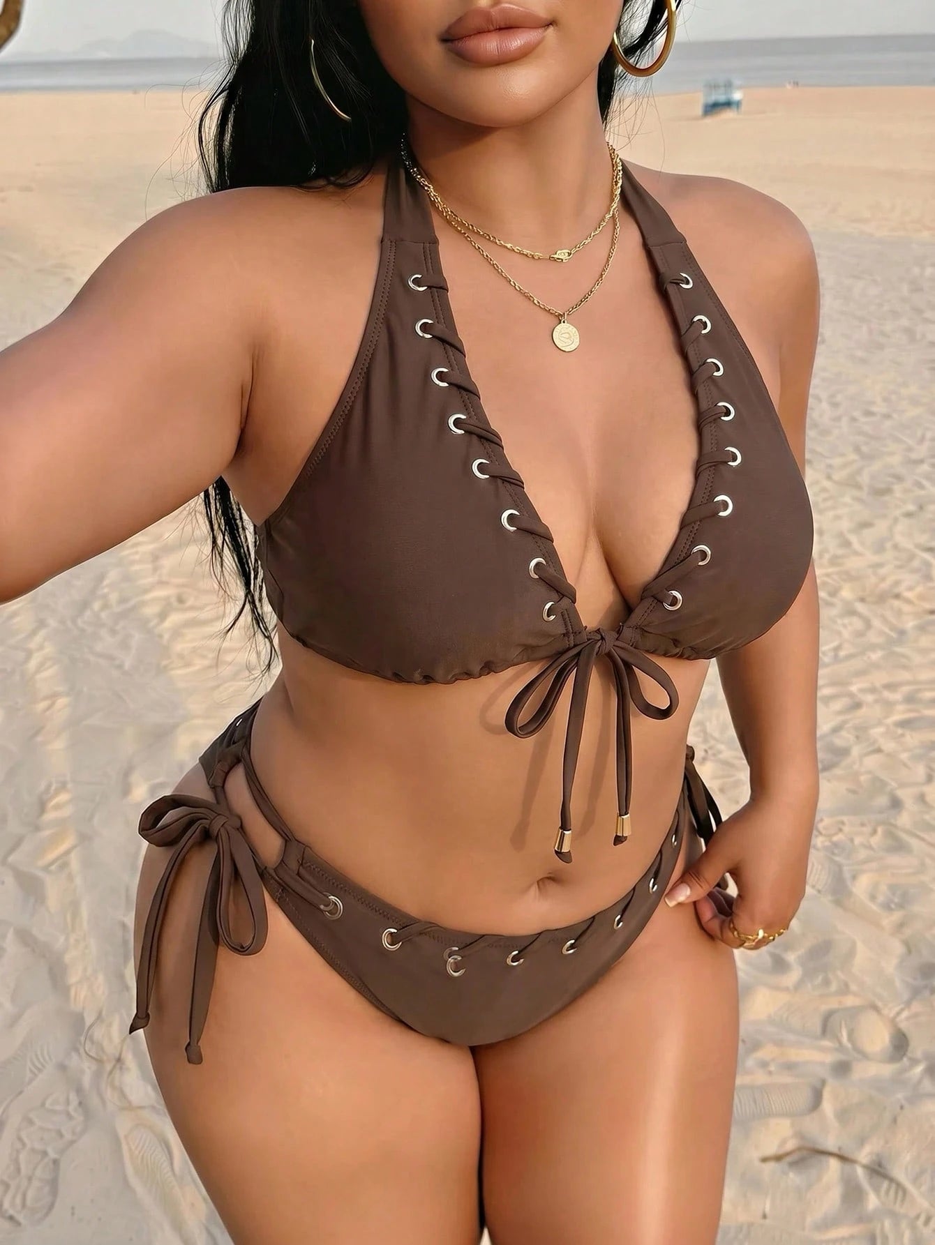Swim SXY Swim 2026 Women Plus Size Solid Brown 2-Piece Halter Tie Bikini Set With Eyelet And Shiny Fabric,Summer Beach Vacation Holiday Casual Swimsuit