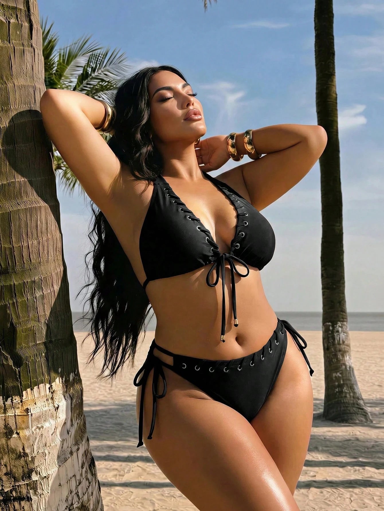 Swim SXY Swim 2026 Women Plus Size Solid Brown 2-Piece Halter Tie Bikini Set With Eyelet And Shiny Fabric,Summer Beach Vacation Holiday Casual Swimsuit