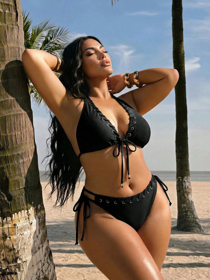 Swim SXY Swim 2026 Women Plus Size Solid Brown 2-Piece Halter Tie Bikini Set With Eyelet And Shiny Fabric,Summer Beach Vacation Holiday Casual Swimsuit