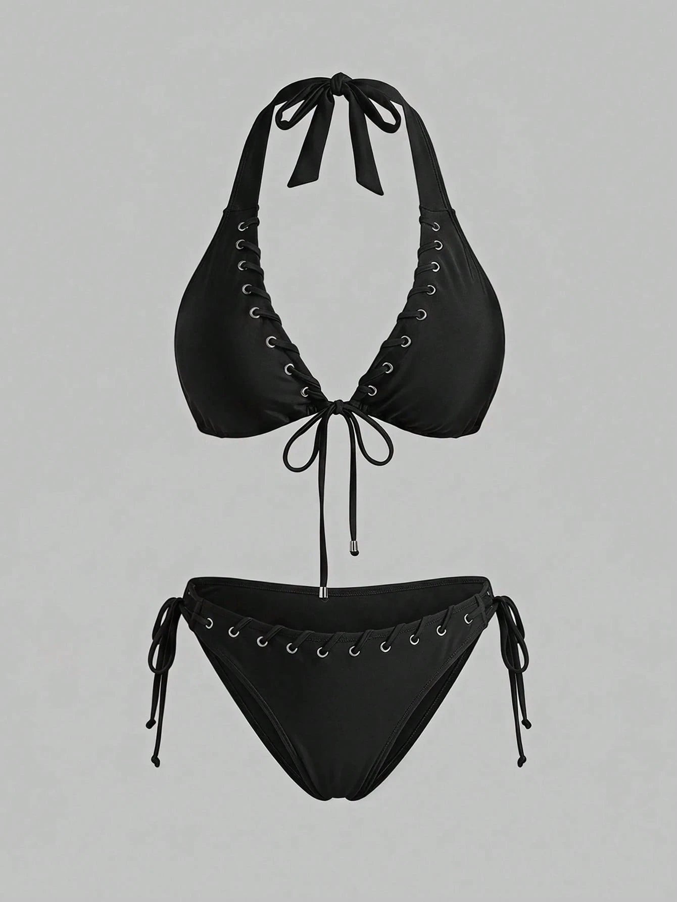 Swim SXY Swim 2026 Women Plus Size Solid Brown 2-Piece Halter Tie Bikini Set With Eyelet And Shiny Fabric,Summer Beach Vacation Holiday Casual Swimsuit