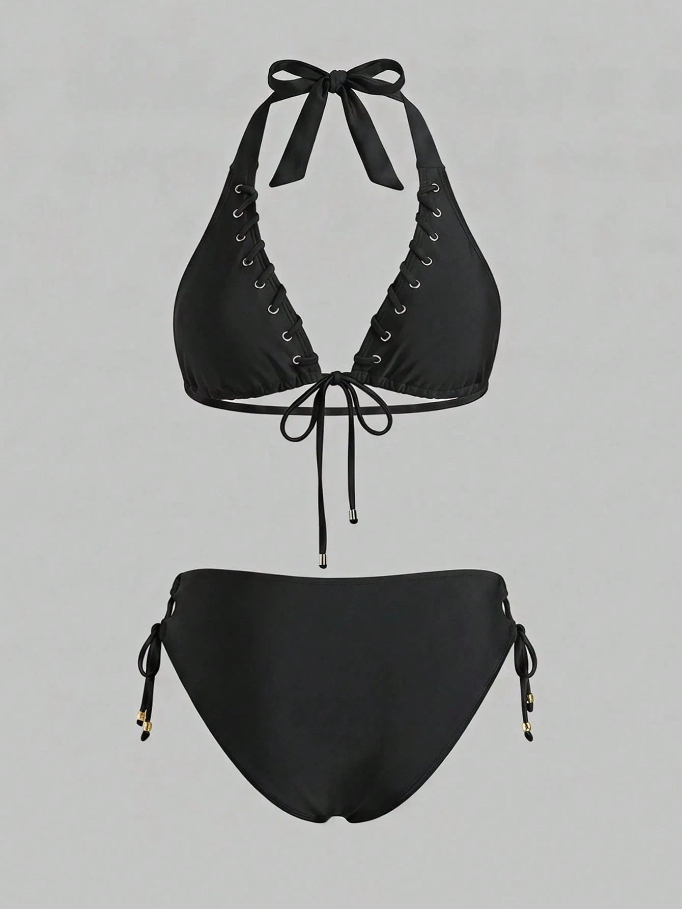 Swim SXY Swim 2026 Women Plus Size Solid Brown 2-Piece Halter Tie Bikini Set With Eyelet And Shiny Fabric,Summer Beach Vacation Holiday Casual Swimsuit