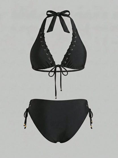 Swim SXY Swim 2026 Women Plus Size Solid Brown 2-Piece Halter Tie Bikini Set With Eyelet And Shiny Fabric,Summer Beach Vacation Holiday Casual Swimsuit