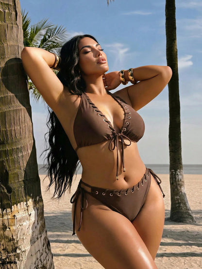 Swim SXY Swim 2026 Women Plus Size Solid Brown 2-Piece Halter Tie Bikini Set With Eyelet And Shiny Fabric,Summer Beach Vacation Holiday Casual Swimsuit