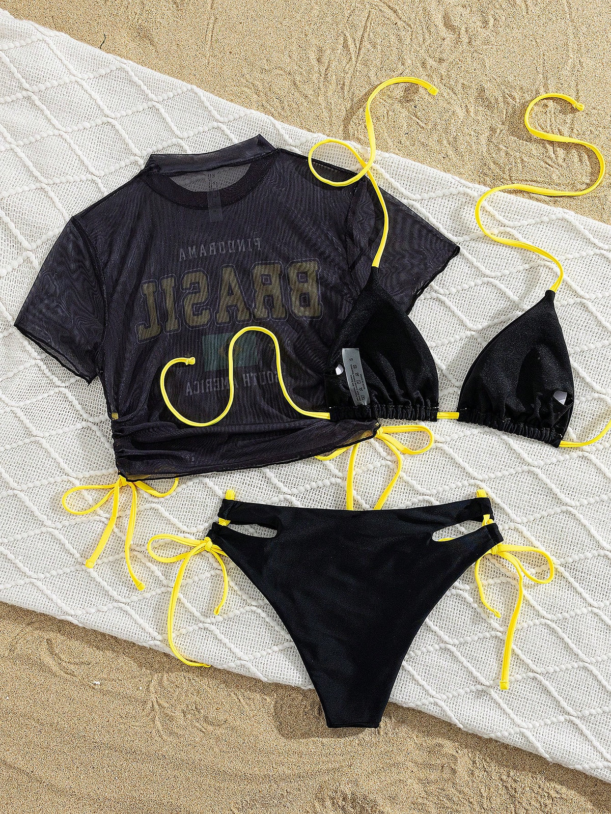 Swim SXY Women Black Summer Cute Brazil Flag Mesh Cover Up 3 Pieces Set,Halter Bikini Top & Hollow Drawstring Bottoms,Beach Party Holiday Hawaii Rave Outfits