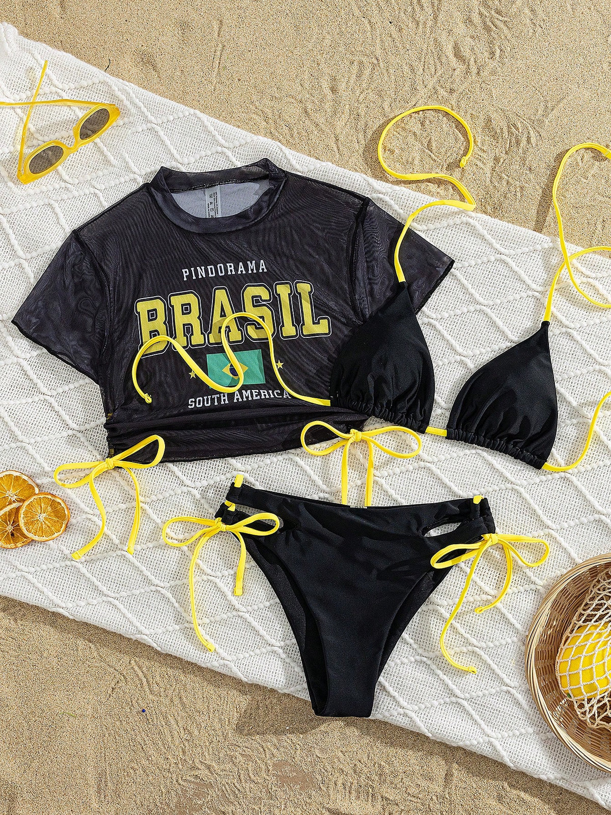 Swim SXY Women Black Summer Cute Brazil Flag Mesh Cover Up 3 Pieces Set,Halter Bikini Top & Hollow Drawstring Bottoms,Beach Party Holiday Hawaii Rave Outfits