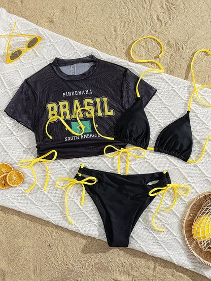 Swim SXY Women Black Summer Cute Brazil Flag Mesh Cover Up 3 Pieces Set,Halter Bikini Top & Hollow Drawstring Bottoms,Beach Party Holiday Hawaii Rave Outfits