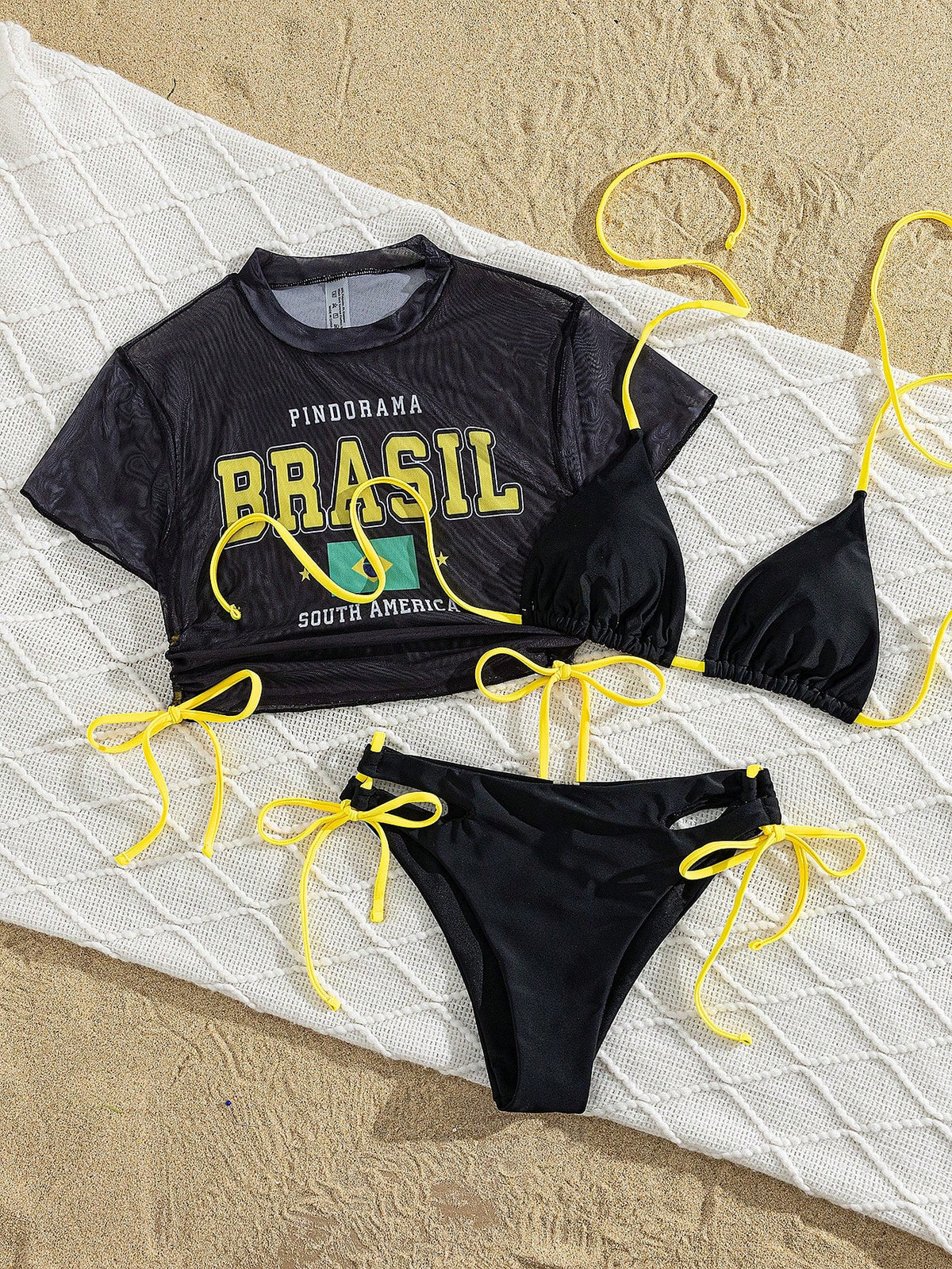 Swim SXY Women Black Summer Cute Brazil Flag Mesh Cover Up 3 Pieces Set,Halter Bikini Top & Hollow Drawstring Bottoms,Beach Party Holiday Hawaii Rave Outfits