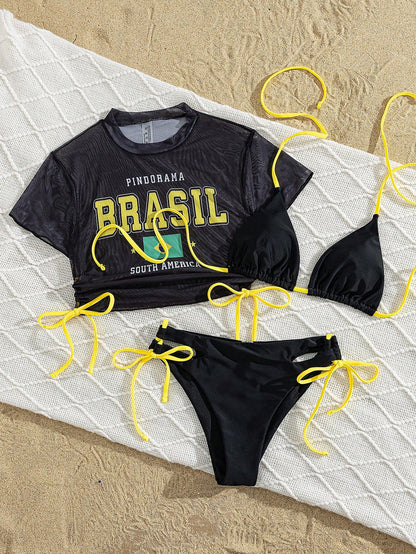 Swim SXY Women Black Summer Cute Brazil Flag Mesh Cover Up 3 Pieces Set,Halter Bikini Top & Hollow Drawstring Bottoms,Beach Party Holiday Hawaii Rave Outfits
