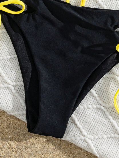 Swim SXY Women Black Summer Cute Brazil Flag Mesh Cover Up 3 Pieces Set,Halter Bikini Top & Hollow Drawstring Bottoms,Beach Party Holiday Hawaii Rave Outfits