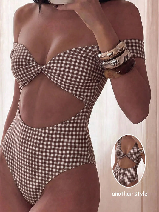 Swim SXY Women's Casual Sleeveless Multi-Color Plaid One-Piece Beach Swimsuit, Plaid Print Knit Details, Fashion Plaid Pattern One-Piece