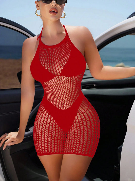 Swim SXY Women's Solid Color Hollow Halter Vacation Mini Slip Dress For Summer