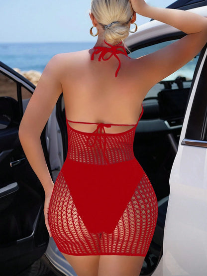 Swim SXY Women's Solid Color Hollow Halter Vacation Mini Slip Dress For Summer