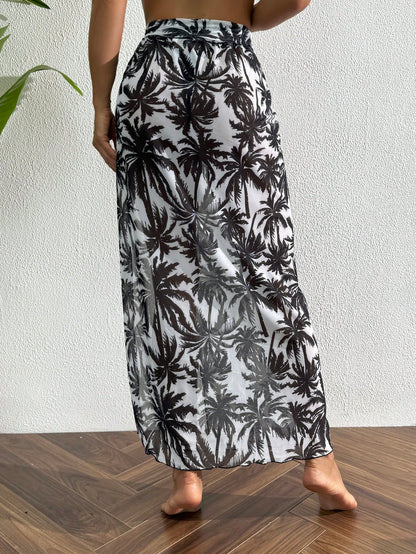 Swim Vcay 1 Pc Women's Long Sleeve Chiffon Printed Beach Cover Up, Black & White Palm Tree Pattern, Summer