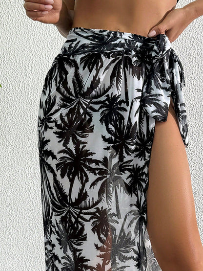 Swim Vcay 1 Pc Women's Long Sleeve Chiffon Printed Beach Cover Up, Black & White Palm Tree Pattern, Summer