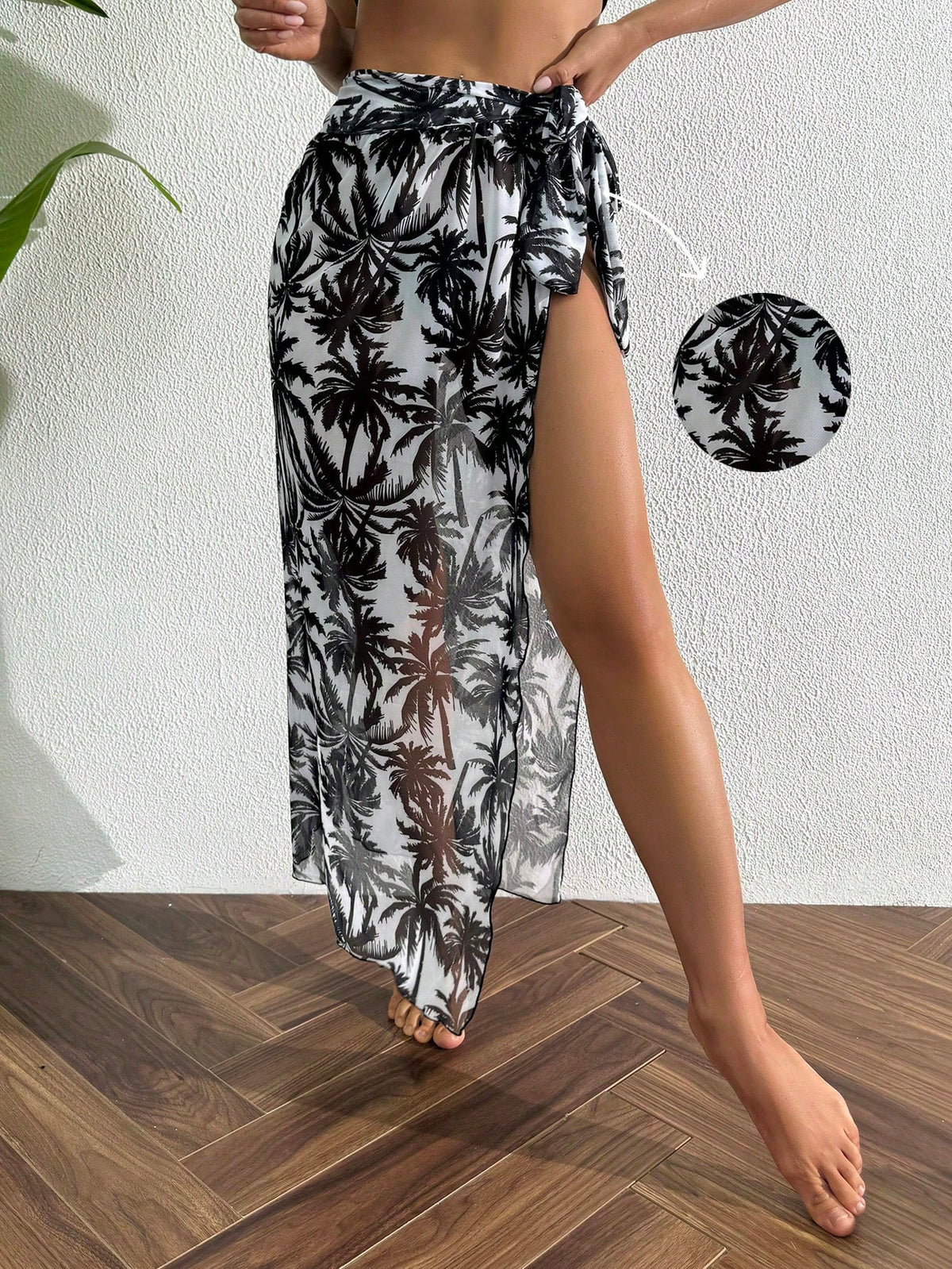 Swim Vcay 1 Pc Women's Long Sleeve Chiffon Printed Beach Cover Up, Black & White Palm Tree Pattern, Summer