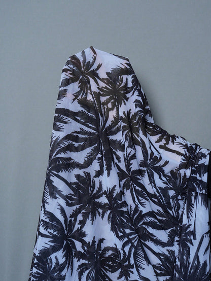 Swim Vcay 1 Pc Women's Long Sleeve Chiffon Printed Beach Cover Up, Black & White Palm Tree Pattern, Summer
