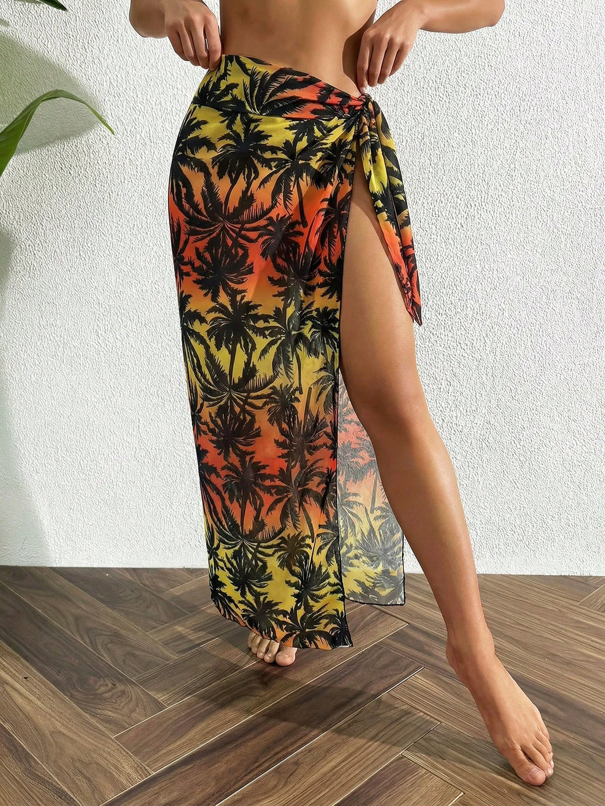 Swim Vcay 1 Pc Women's Long Sleeve Chiffon Printed Beach Cover Up, Black & White Palm Tree Pattern, Summer