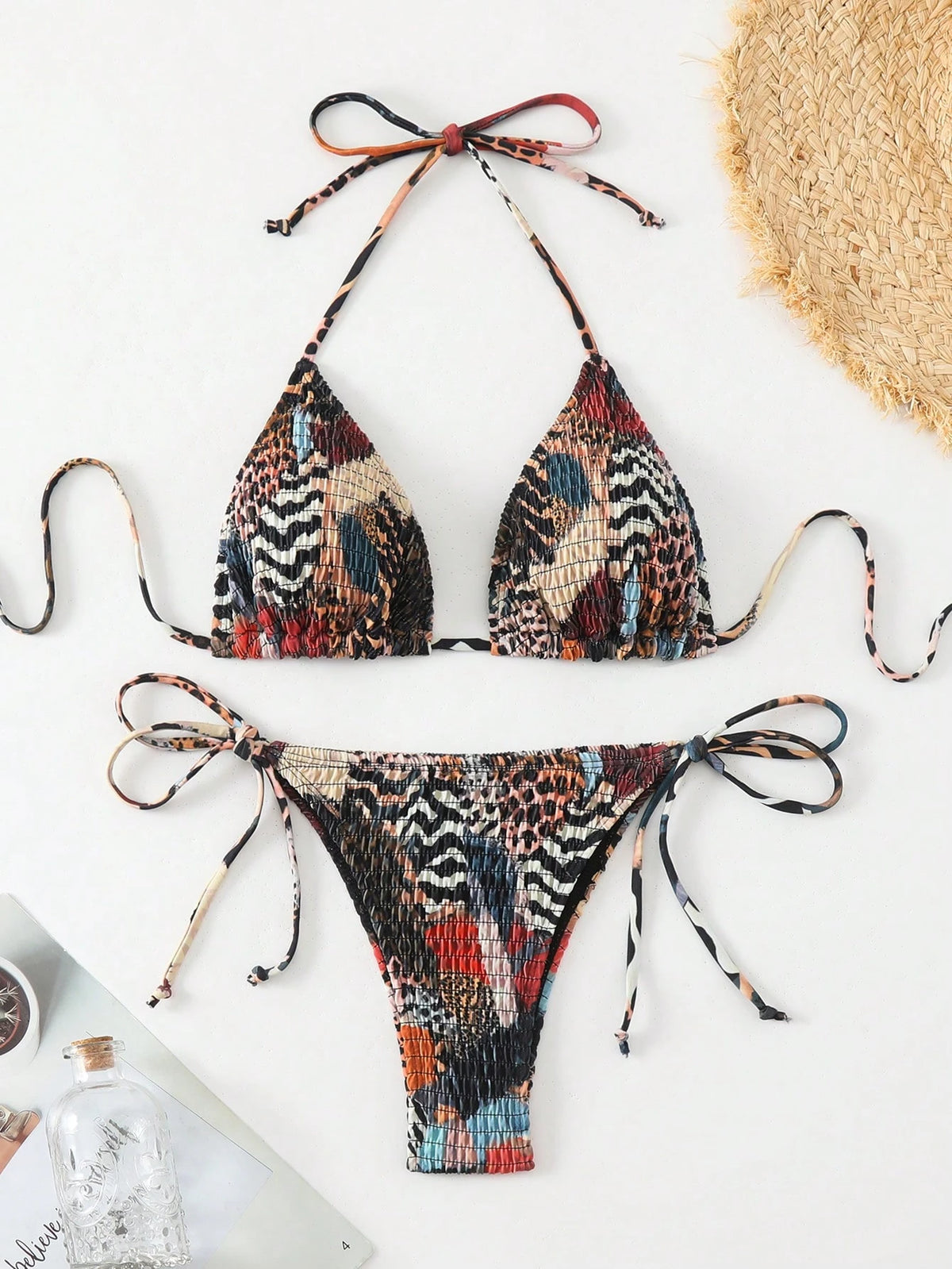 Swim Vcay 2025 Women's Beach Vacation Zebra Print Halter Tie Sexy Bikini Set, Random Print Summer