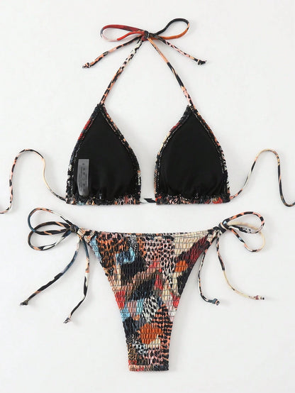 Swim Vcay 2025 Women's Beach Vacation Zebra Print Halter Tie Sexy Bikini Set, Random Print Summer