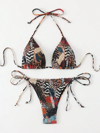 Swim Vcay 2025 Women's Beach Vacation Zebra Print Halter Tie Sexy Bikini Set, Random Print Summer
