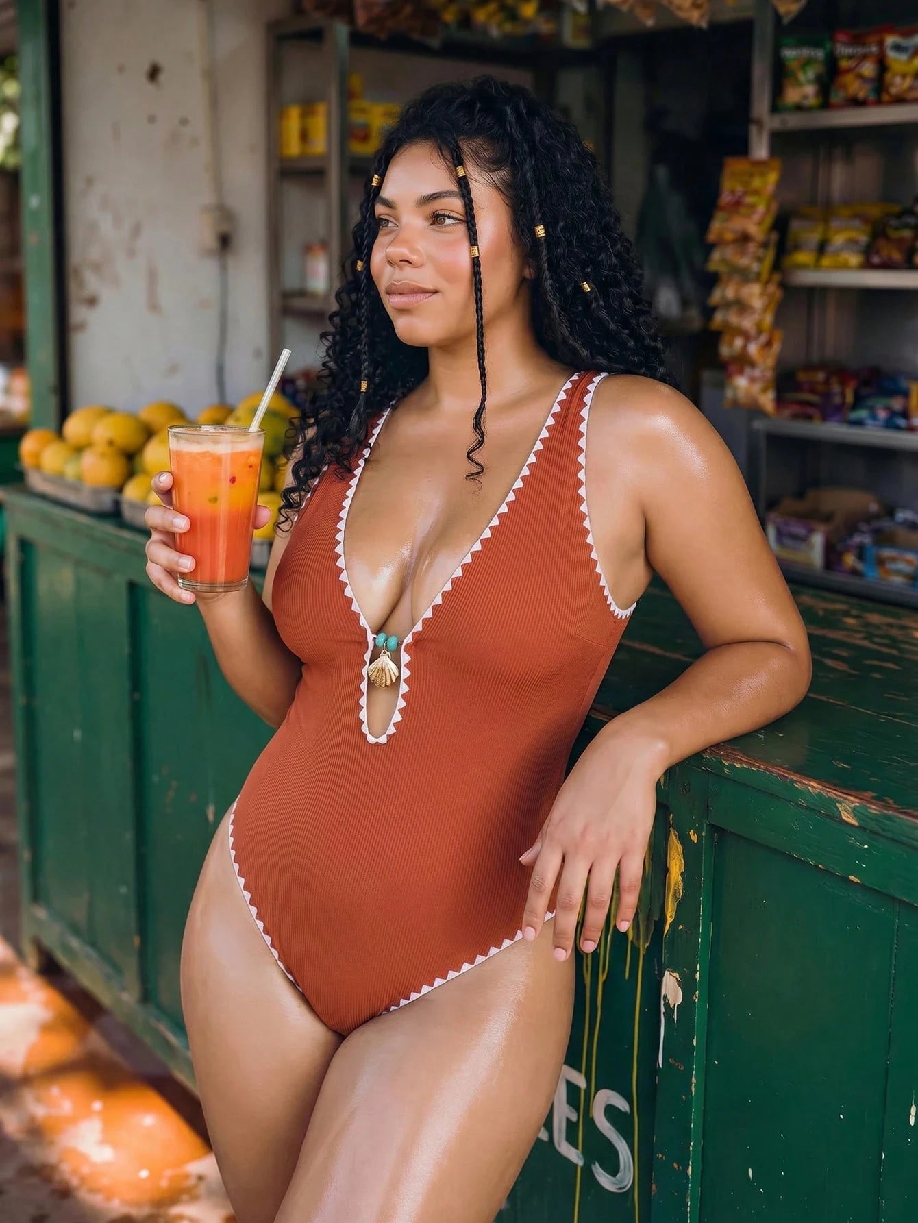 Swim Vcay 2026 New Orange Textured One-Piece Swimsuit,Ladies Monokini Decorated With Seashells And Contrast Trim,Plus Size Boho Summer Beach Holiday Swimwear