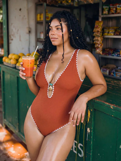 Swim Vcay 2026 New Orange Textured One-Piece Swimsuit,Ladies Monokini Decorated With Seashells And Contrast Trim,Plus Size Boho Summer Beach Holiday Swimwear