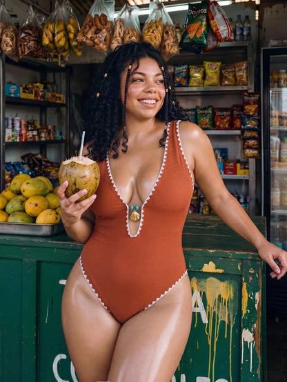 Swim Vcay 2026 New Orange Textured One-Piece Swimsuit,Ladies Monokini Decorated With Seashells And Contrast Trim,Plus Size Boho Summer Beach Holiday Swimwear
