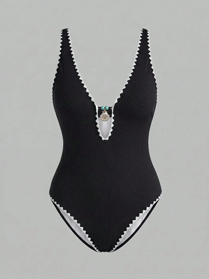 Swim Vcay 2026 New Orange Textured One-Piece Swimsuit,Ladies Monokini Decorated With Seashells And Contrast Trim,Plus Size Boho Summer Beach Holiday Swimwear