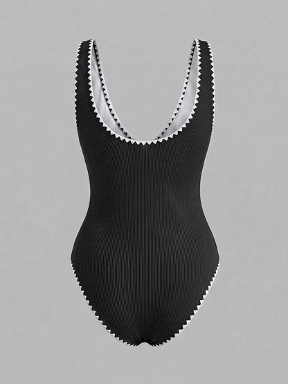 Swim Vcay 2026 New Orange Textured One-Piece Swimsuit,Ladies Monokini Decorated With Seashells And Contrast Trim,Plus Size Boho Summer Beach Holiday Swimwear