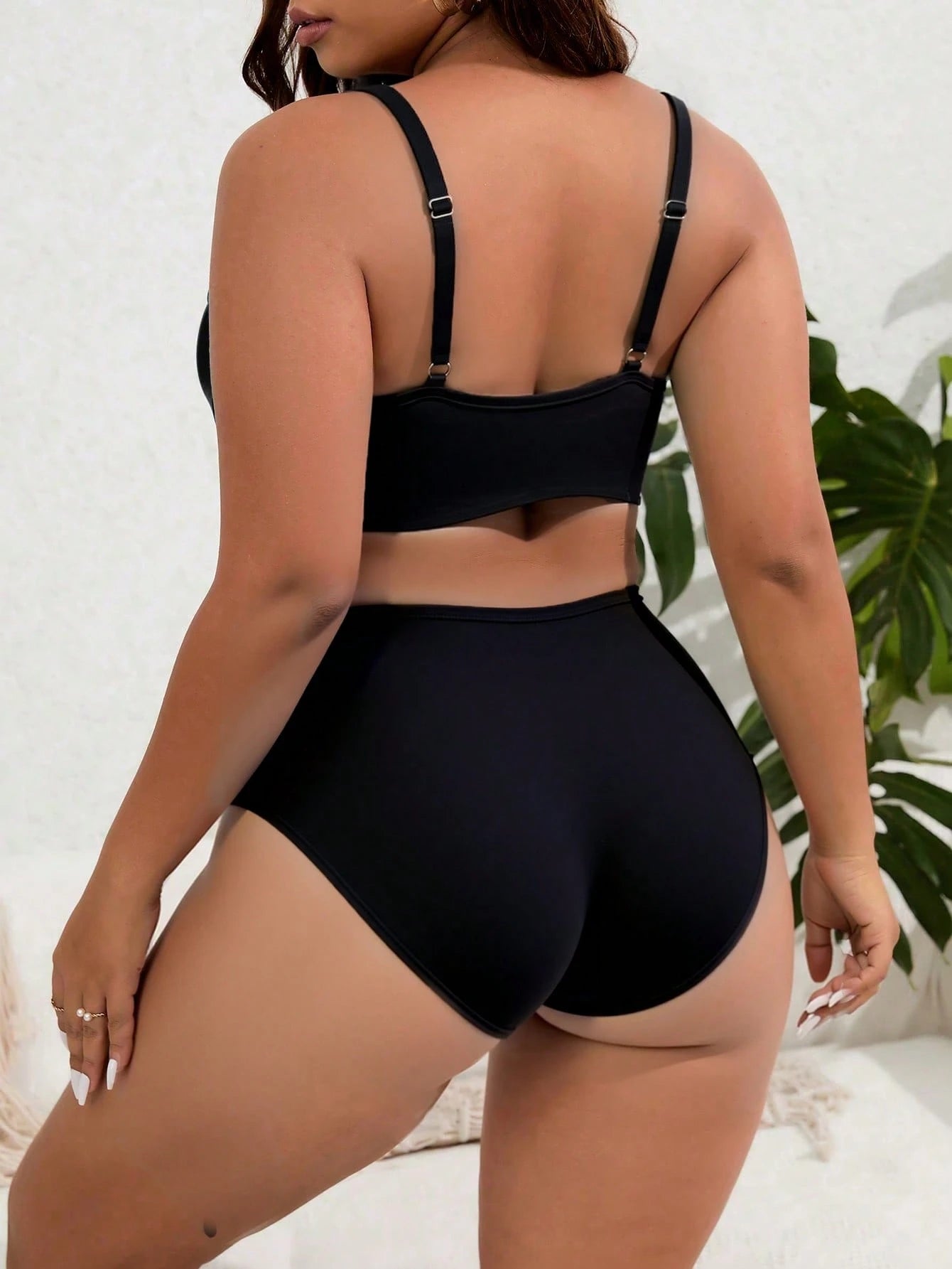 Swim Vcay 2026 New Spring/Summer Plus Size 2-Piece Set Black & White Striped Random Print V-Neck Top With High Waist Triangle Bikini Bottom Women's Summer Vacation Bikini Set Set Suitable For Beach Ho