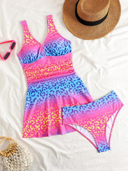 Swim Vcay 2pcs Women's Swimsuit Set, Colorful Gradient Leopard Print Long Skirt Swimwear, Summer Vacation Beach Swimsuit, European And American Style