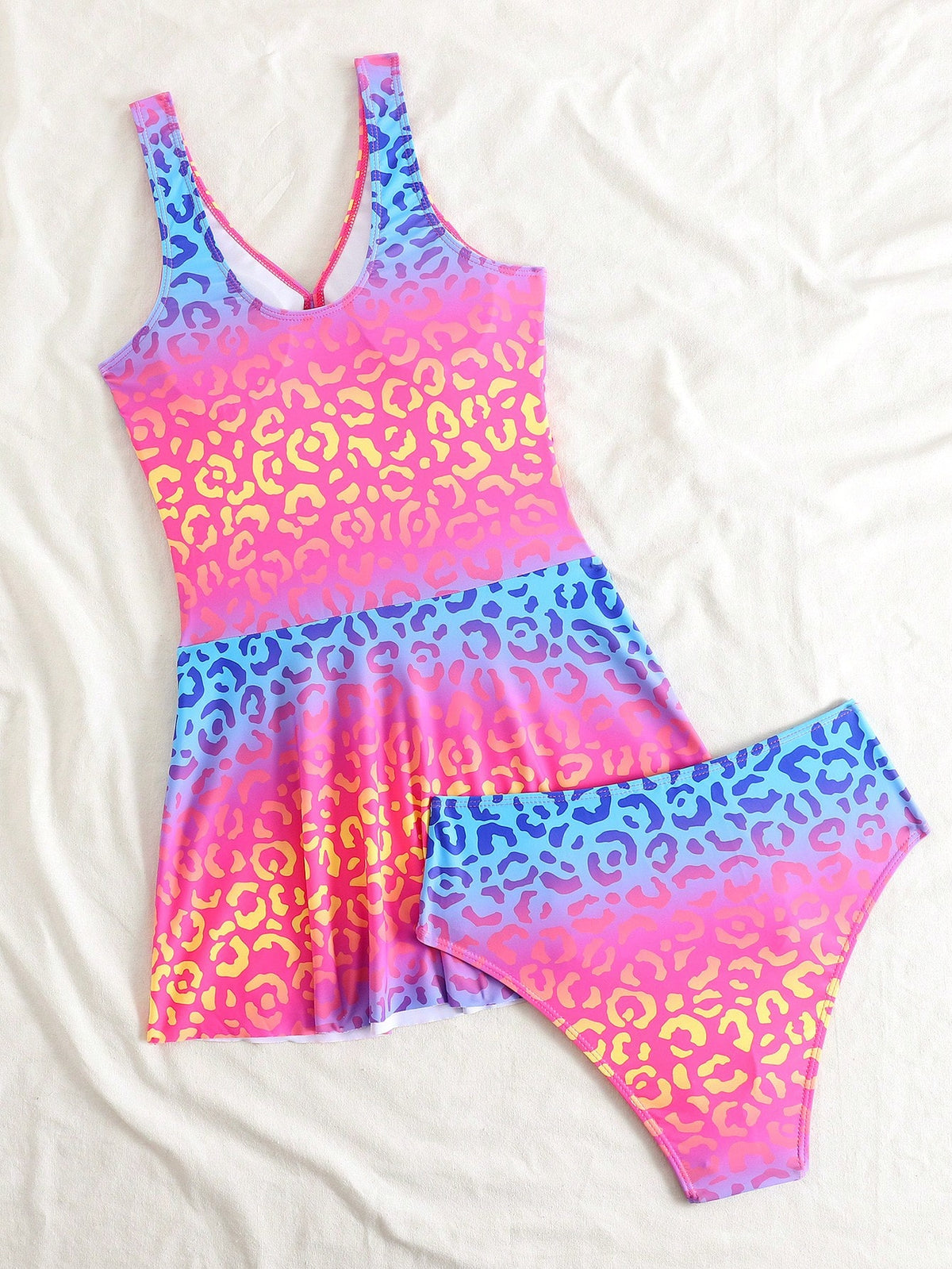 Swim Vcay 2pcs Women's Swimsuit Set, Colorful Gradient Leopard Print Long Skirt Swimwear, Summer Vacation Beach Swimsuit, European And American Style