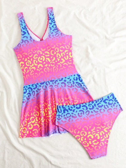 Swim Vcay 2pcs Women's Swimsuit Set, Colorful Gradient Leopard Print Long Skirt Swimwear, Summer Vacation Beach Swimsuit, European And American Style