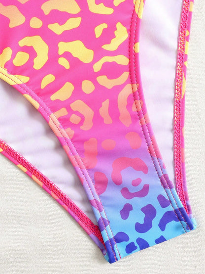 Swim Vcay 2pcs Women's Swimsuit Set, Colorful Gradient Leopard Print Long Skirt Swimwear, Summer Vacation Beach Swimsuit, European And American Style