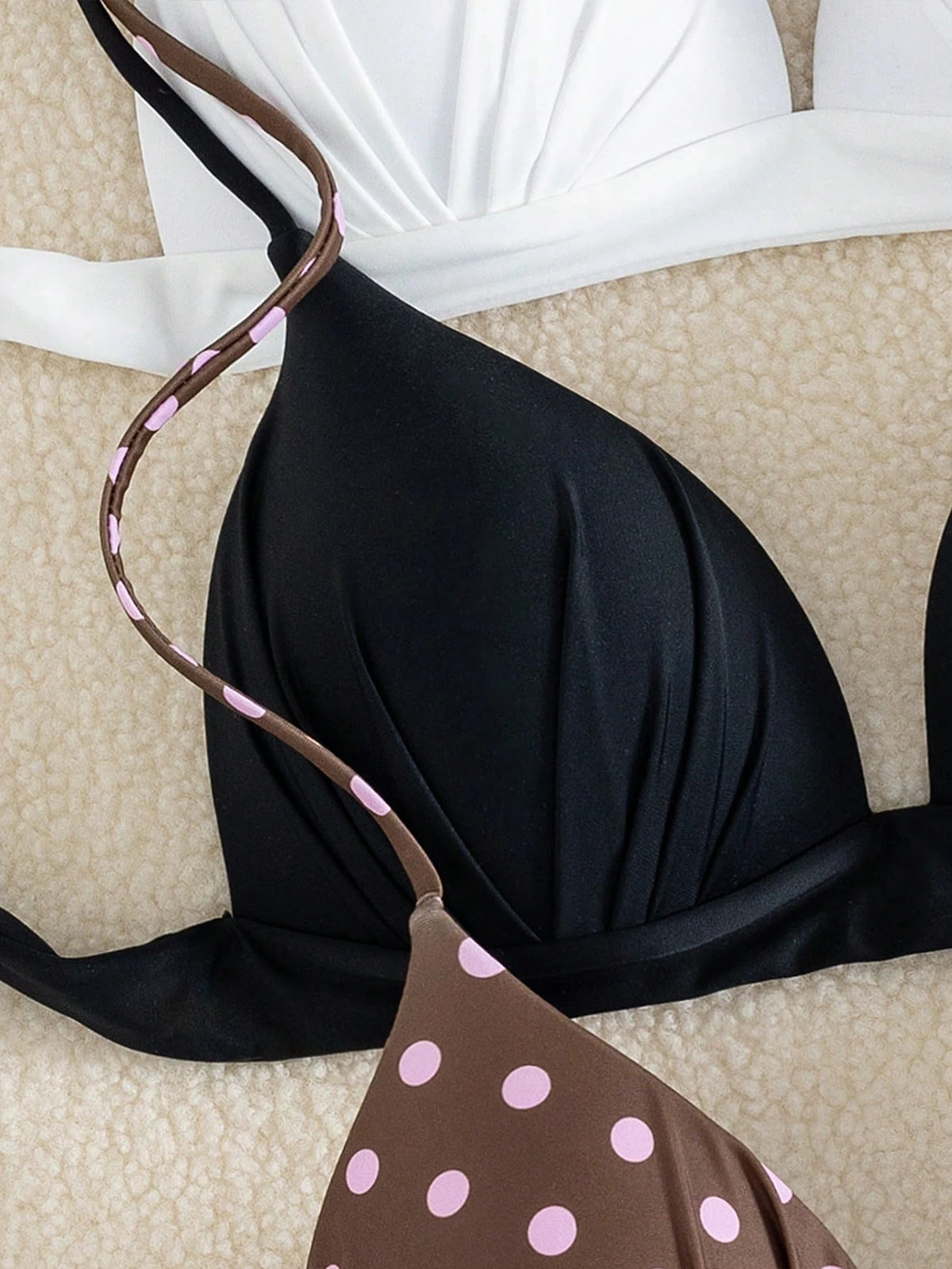 Swim Vcay 3pcs/Set Women's Halter Tie Bikini Top,Black,White With Black Polka Dots,Summer Holiday Swimwear,70s Retro Style For Pool Party Beach Vacation