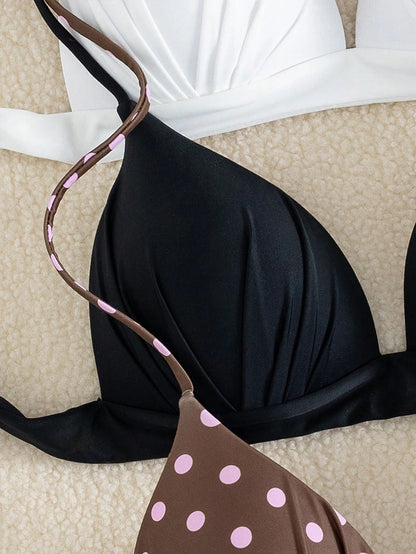 Swim Vcay 3pcs/Set Women's Halter Tie Bikini Top,Black,White With Black Polka Dots,Summer Holiday Swimwear,70s Retro Style For Pool Party Beach Vacation