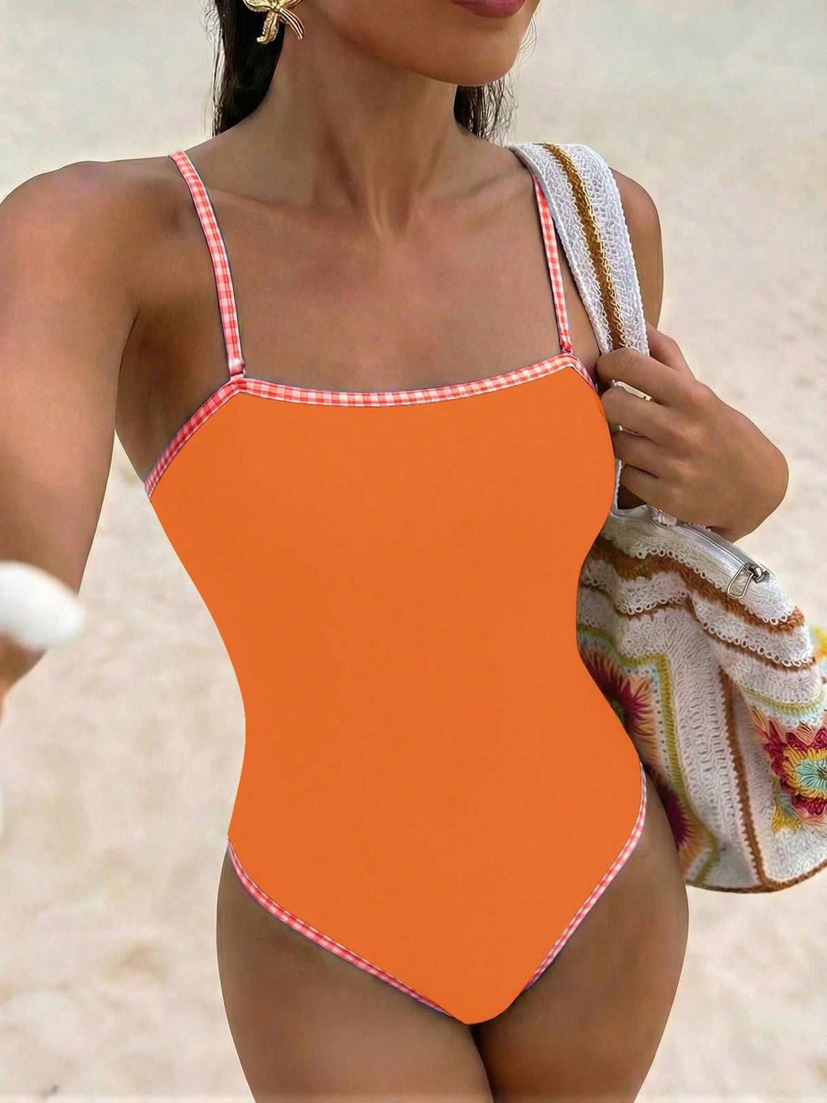 Swim Vcay Fashionable Ditsy Floral With Geometric Trim One-Piece Swimsuit, Popular Beach Wear For Spring/Summer