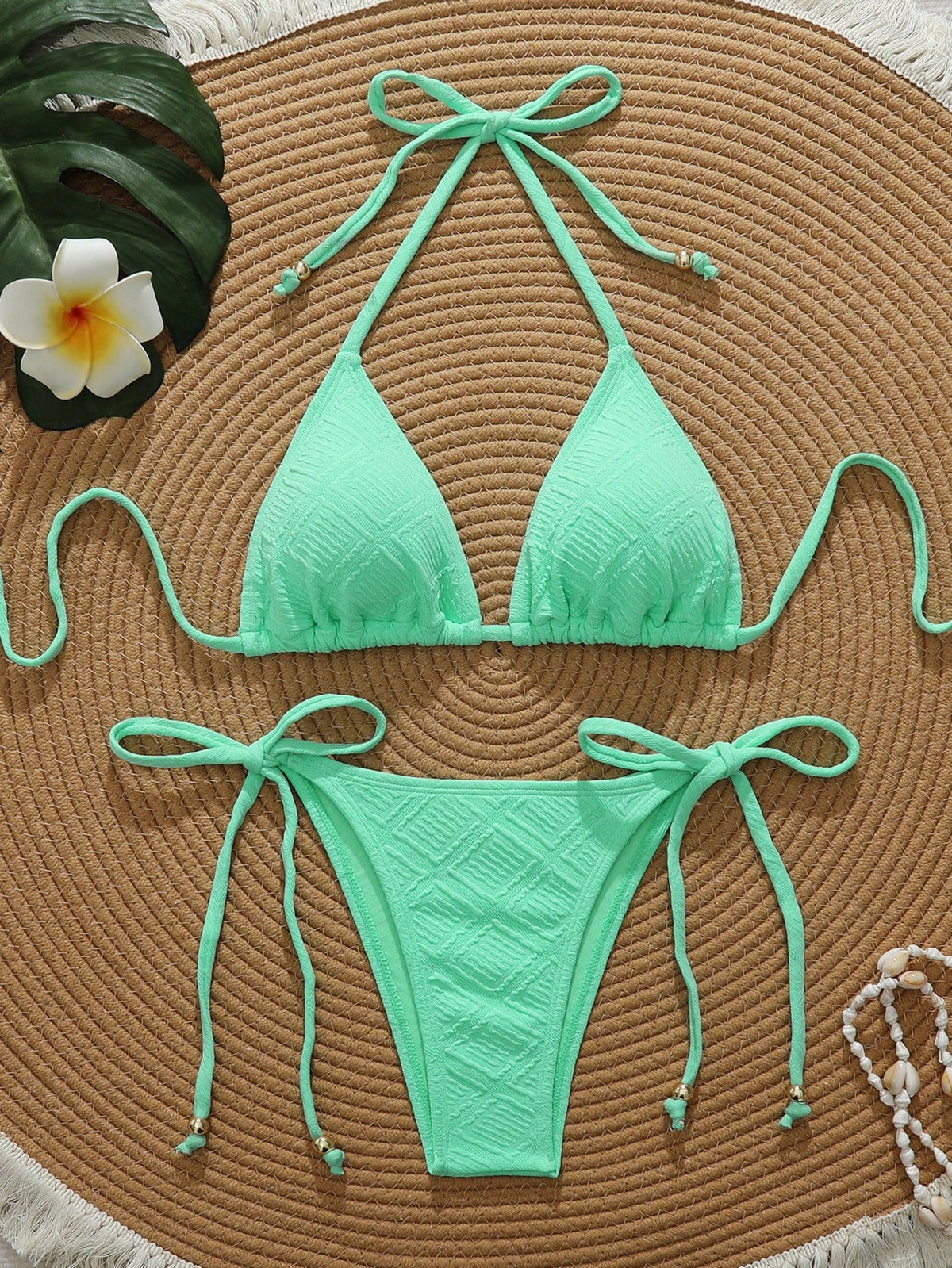 Swim Vcay Mint Green Textured Fabric Bandeau Bikini For Women Plain Two-Piece Swimwear With Pom Pom Accents