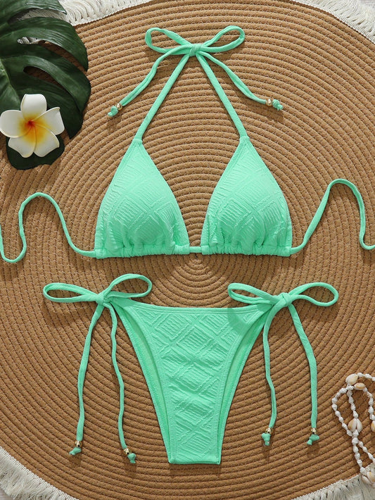 Swim Vcay Mint Green Textured Fabric Bandeau Bikini For Women Plain Two-Piece Swimwear With Pom Pom Accents
